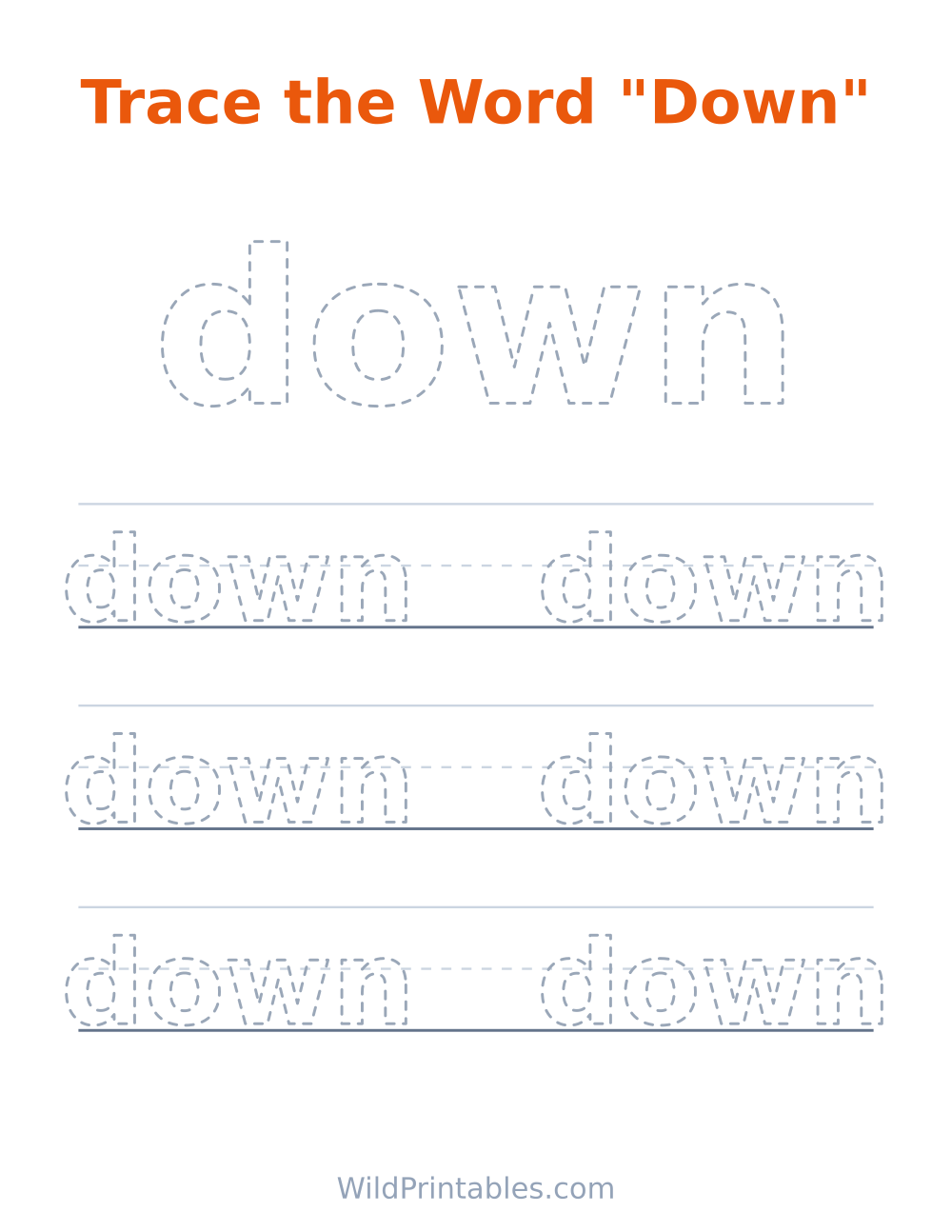 Trace the Word "Down" — free printable tracing for kids