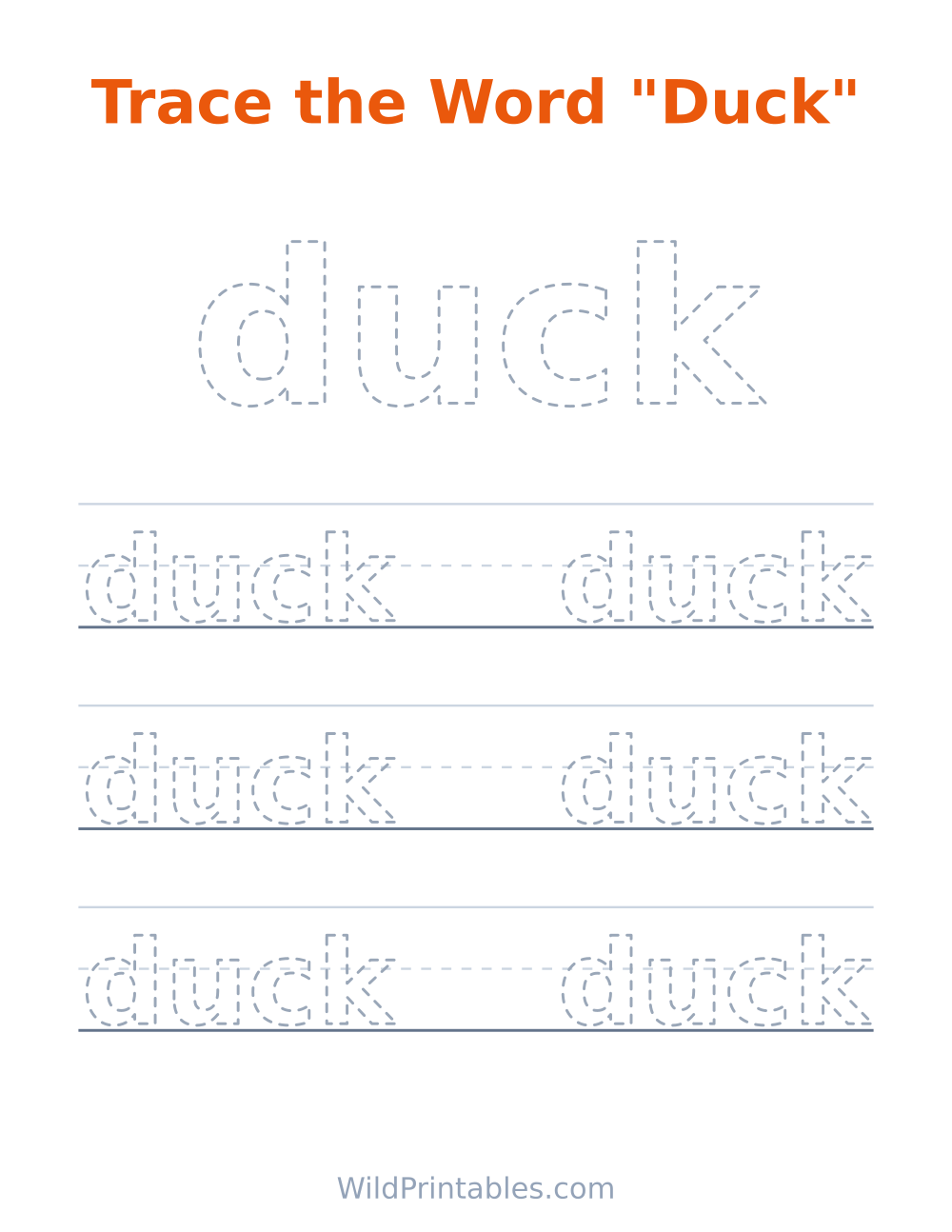 Trace the Word "Duck" — free printable tracing for kids