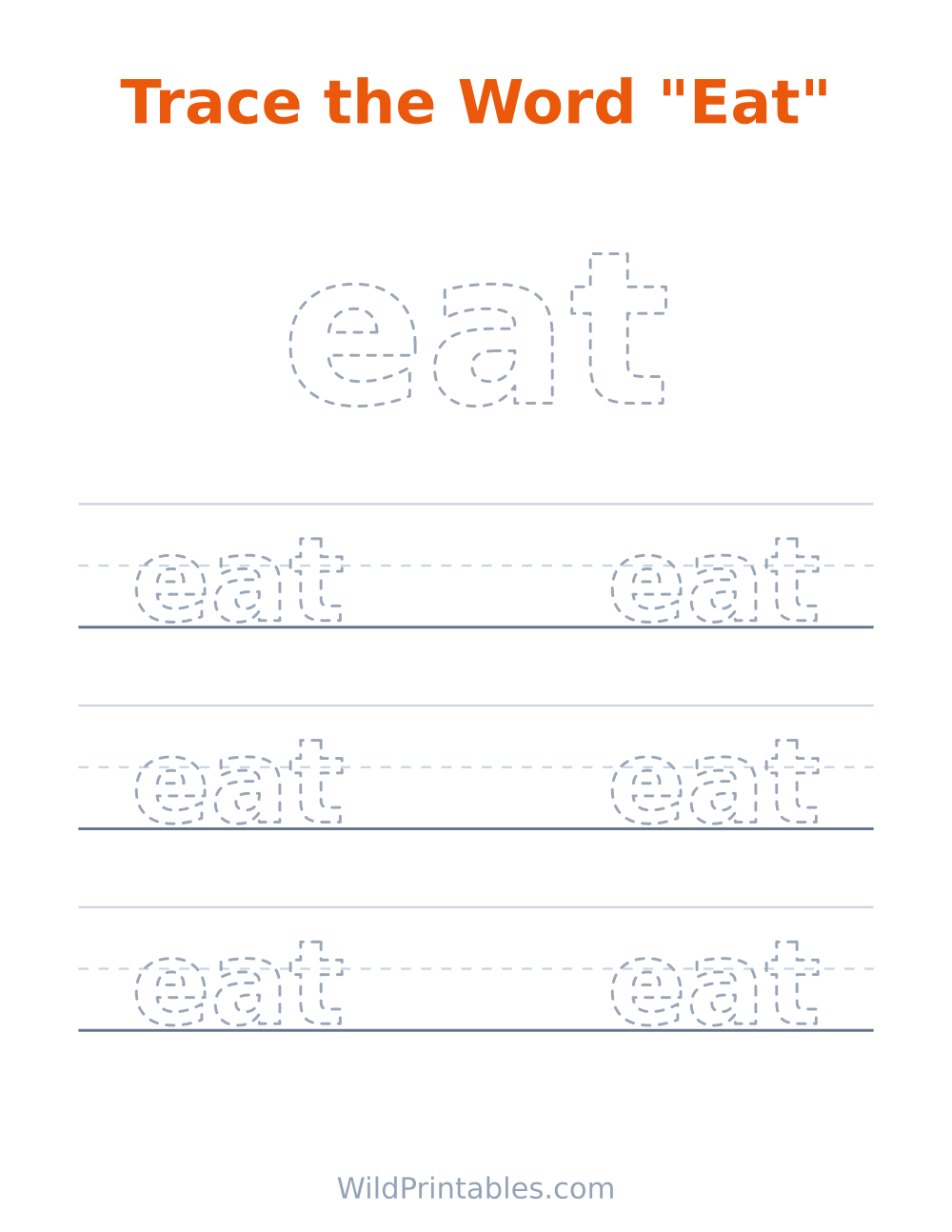 Trace the Word "Eat" — free printable tracing for kids