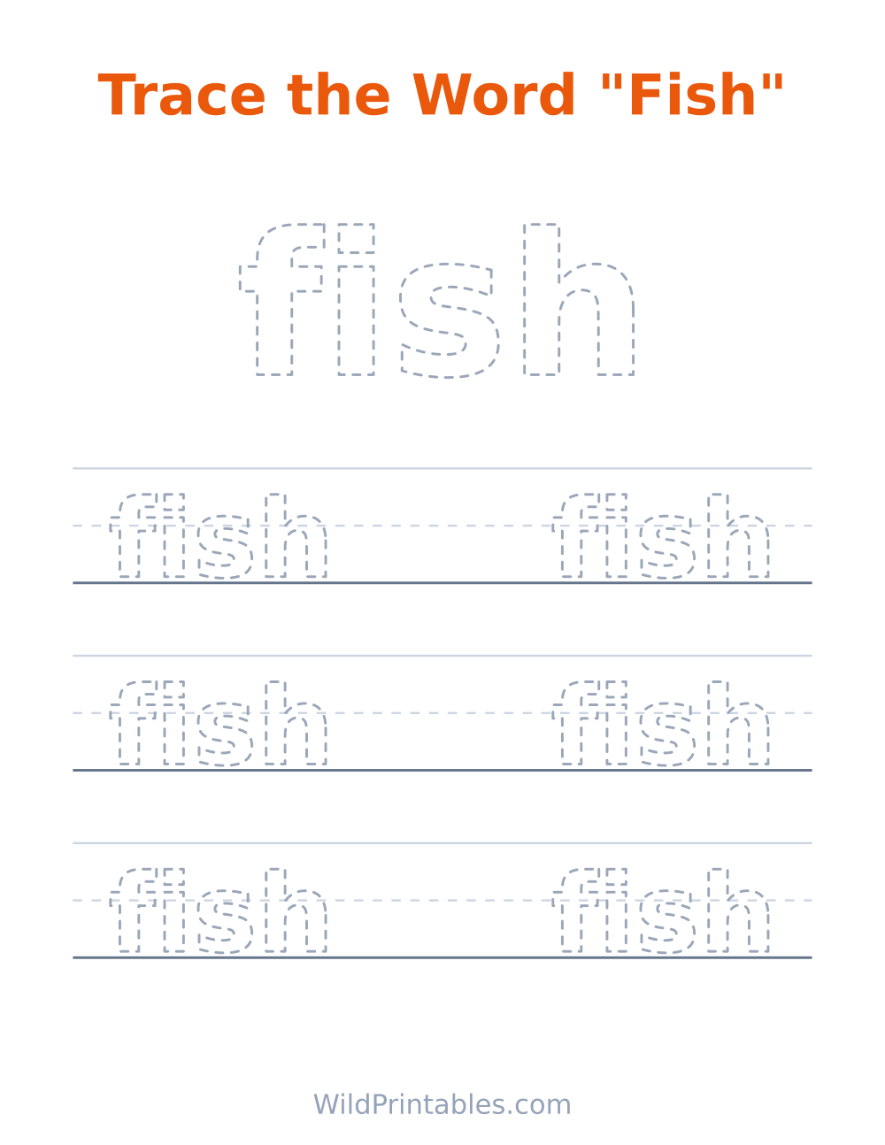 Trace the Word "Fish" — free printable tracing for kids to print and color at home