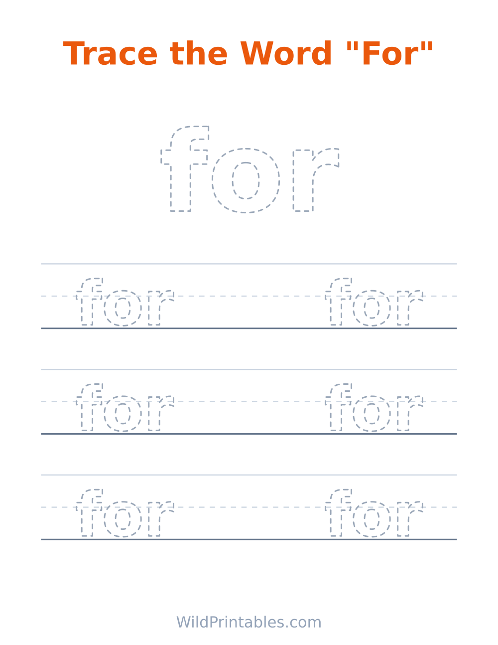 Trace the Word "For" — free printable tracing for kids