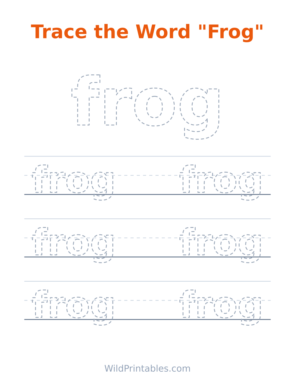 Trace the Word "Frog" — free printable tracing for kids to print and color at home