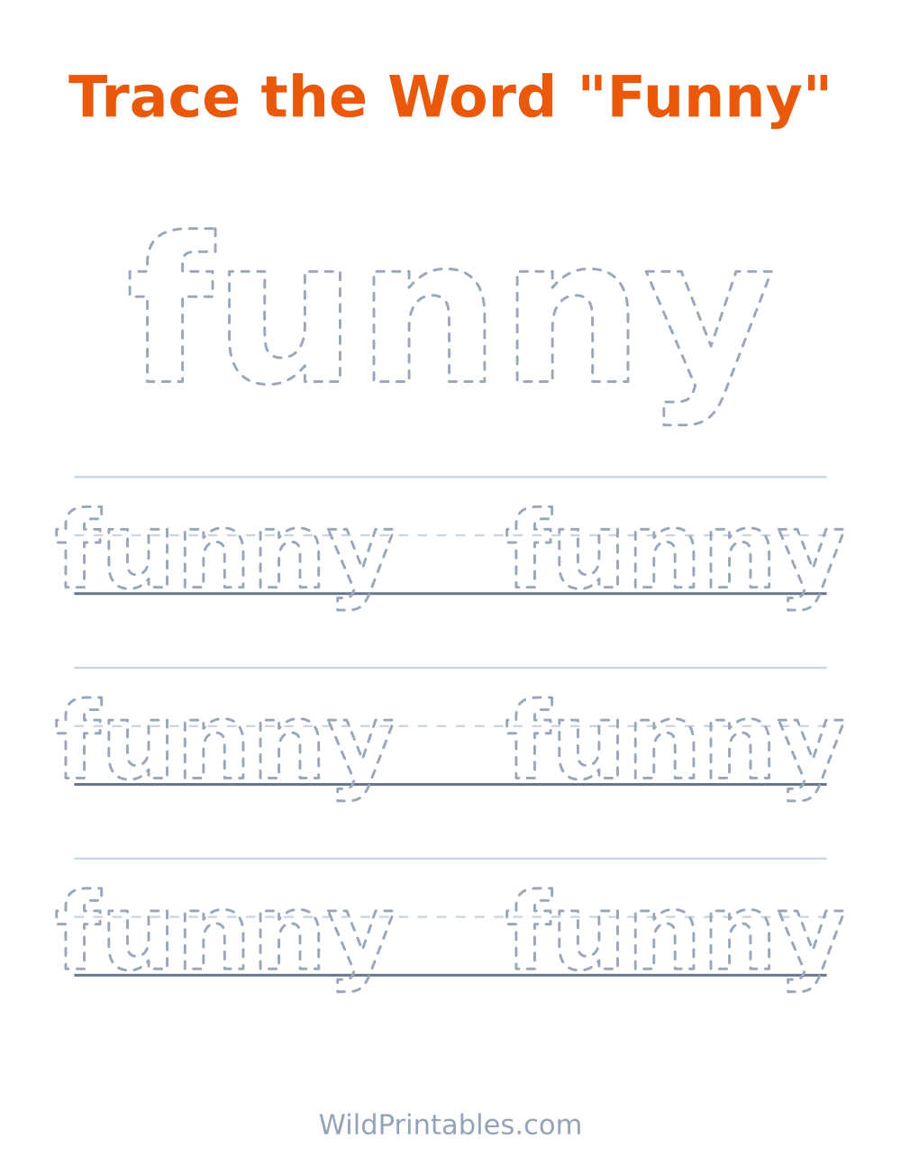 Trace the Word "Funny" — free printable tracing for kids