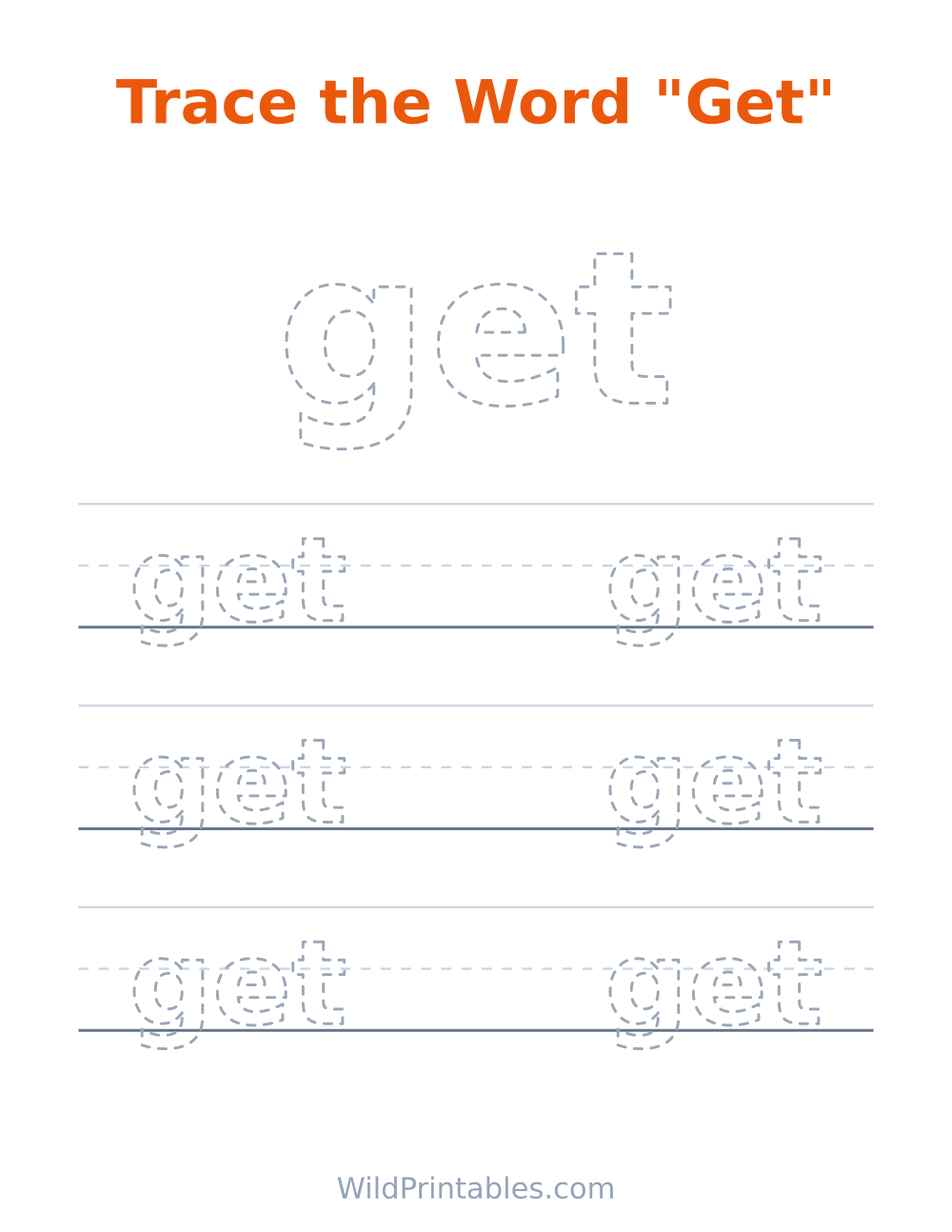 Trace the Word "Get" — free printable tracing for kids