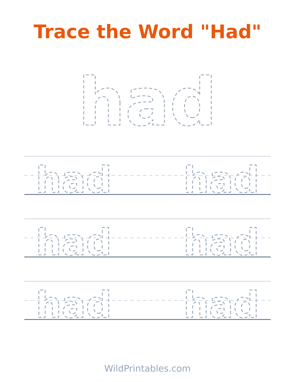 Trace the Word "Had" — free printable tracing for kids