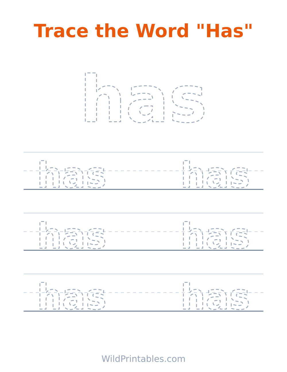 Trace the Word "Has" — free printable tracing for kids