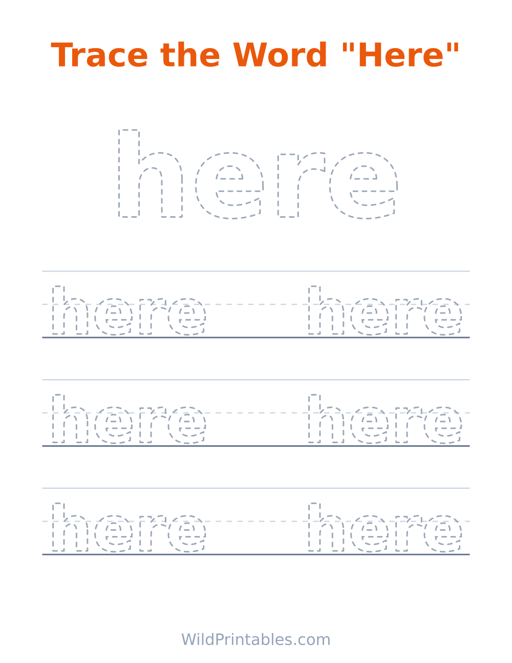 Trace the Word "Here" — free printable tracing for kids
