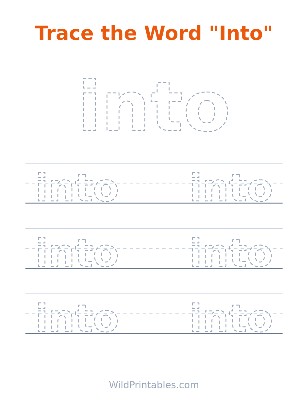 Trace the Word "Into" — free printable tracing for kids