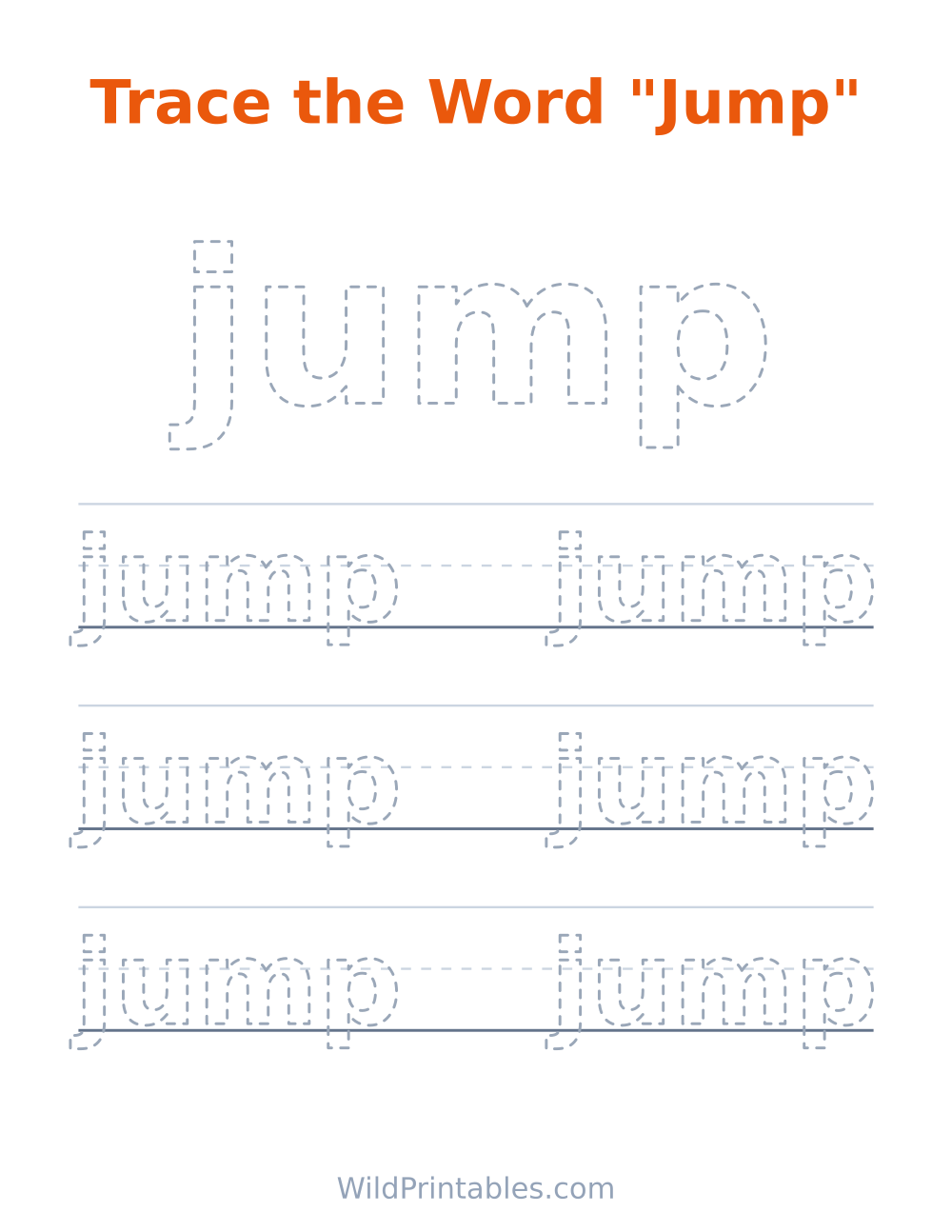 Trace the Word "Jump" — free printable tracing for kids