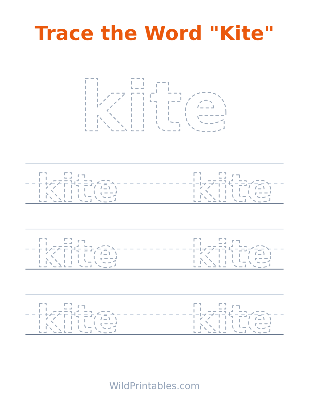 Trace the Word "Kite" — free printable tracing for kids