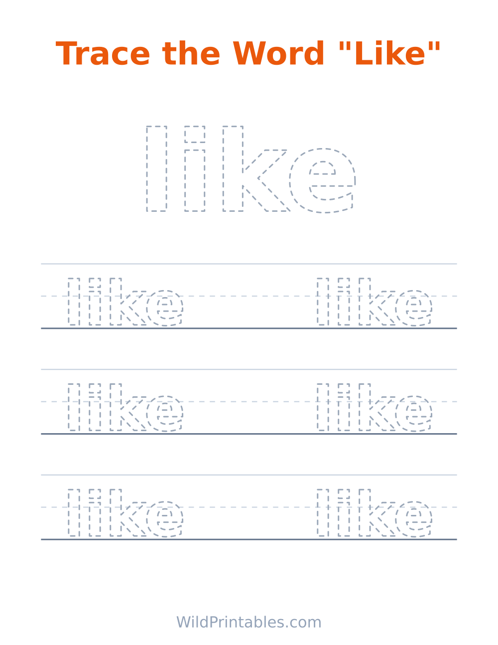 Trace the Word "Like" — free printable tracing for kids
