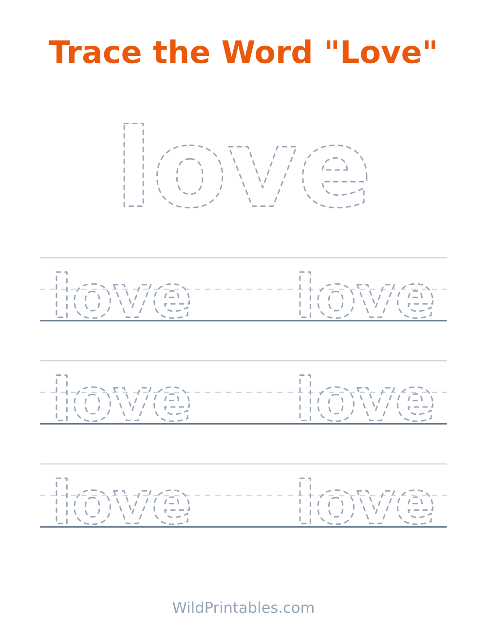 Trace the Word "Love" — free printable tracing for kids to print and color at home
