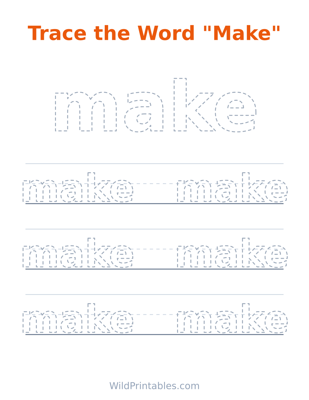 Trace the Word "Make" — free printable tracing for kids