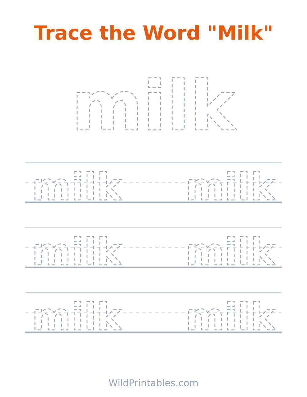 Trace the Word "Milk" — free printable tracing for kids to print and color at home