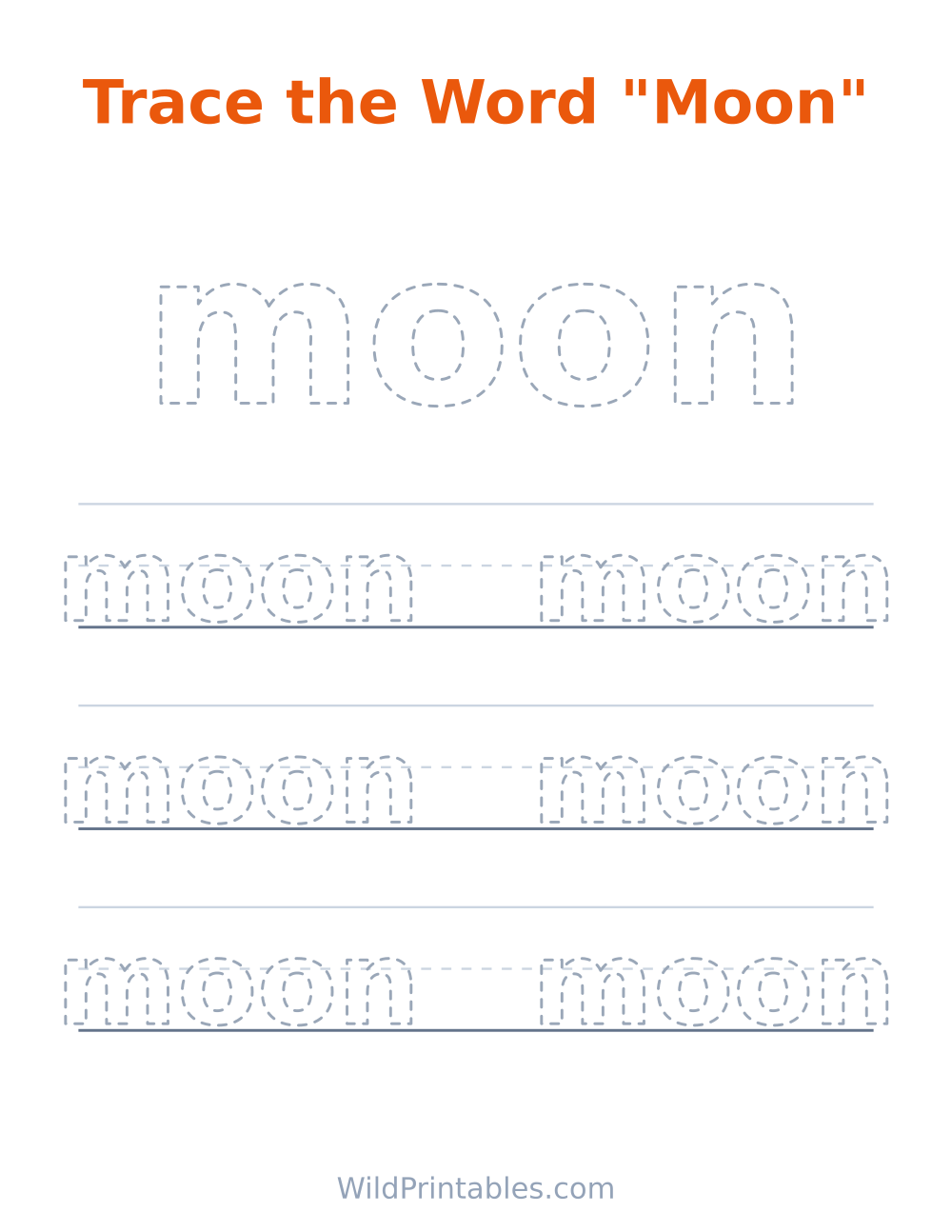Trace the Word "Moon" — free printable tracing for kids to print and color at home