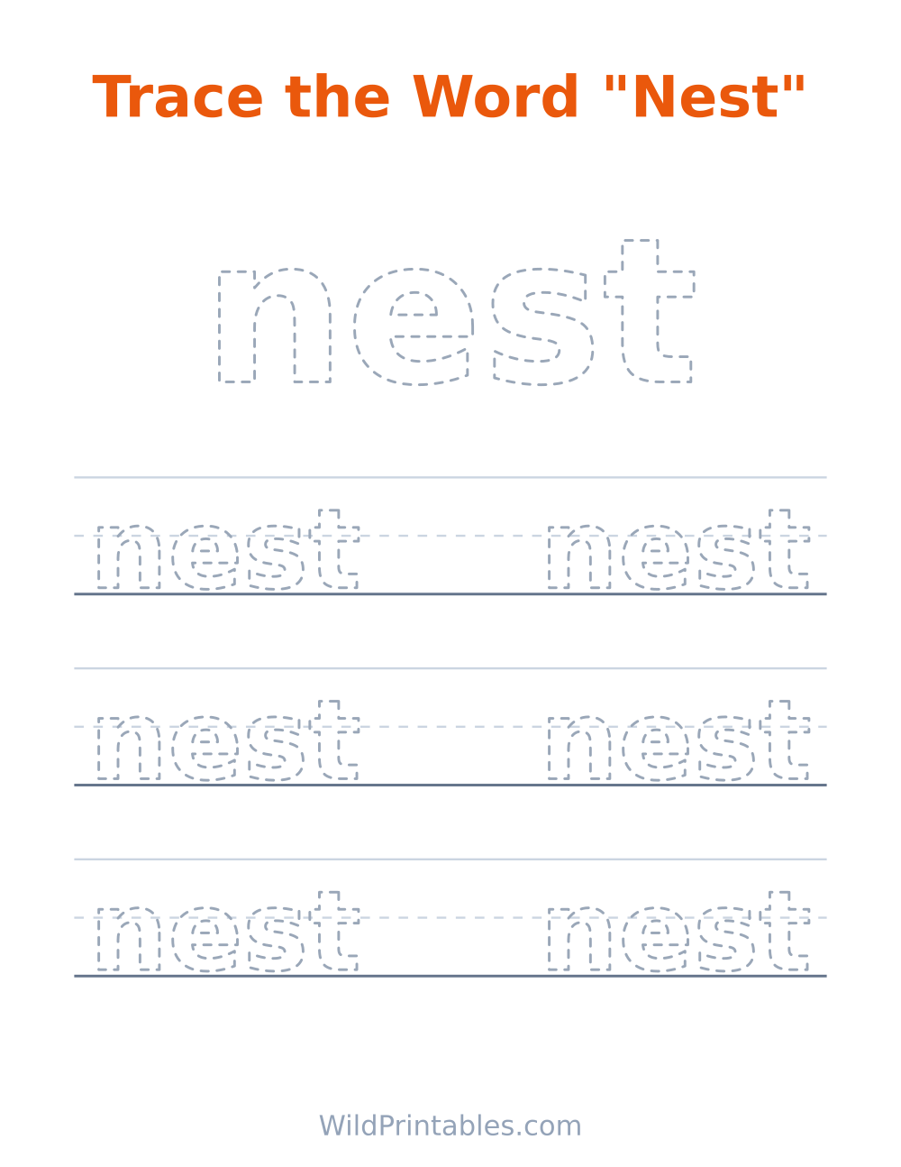 Trace the Word "Nest" — free printable tracing for kids
