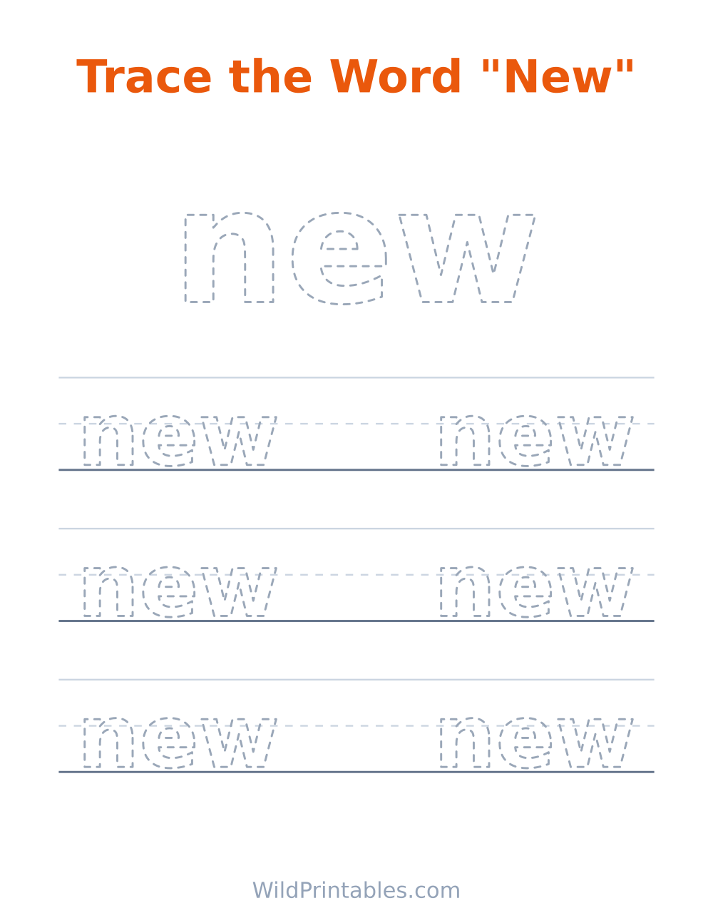 Trace the Word "New" — free printable tracing for kids