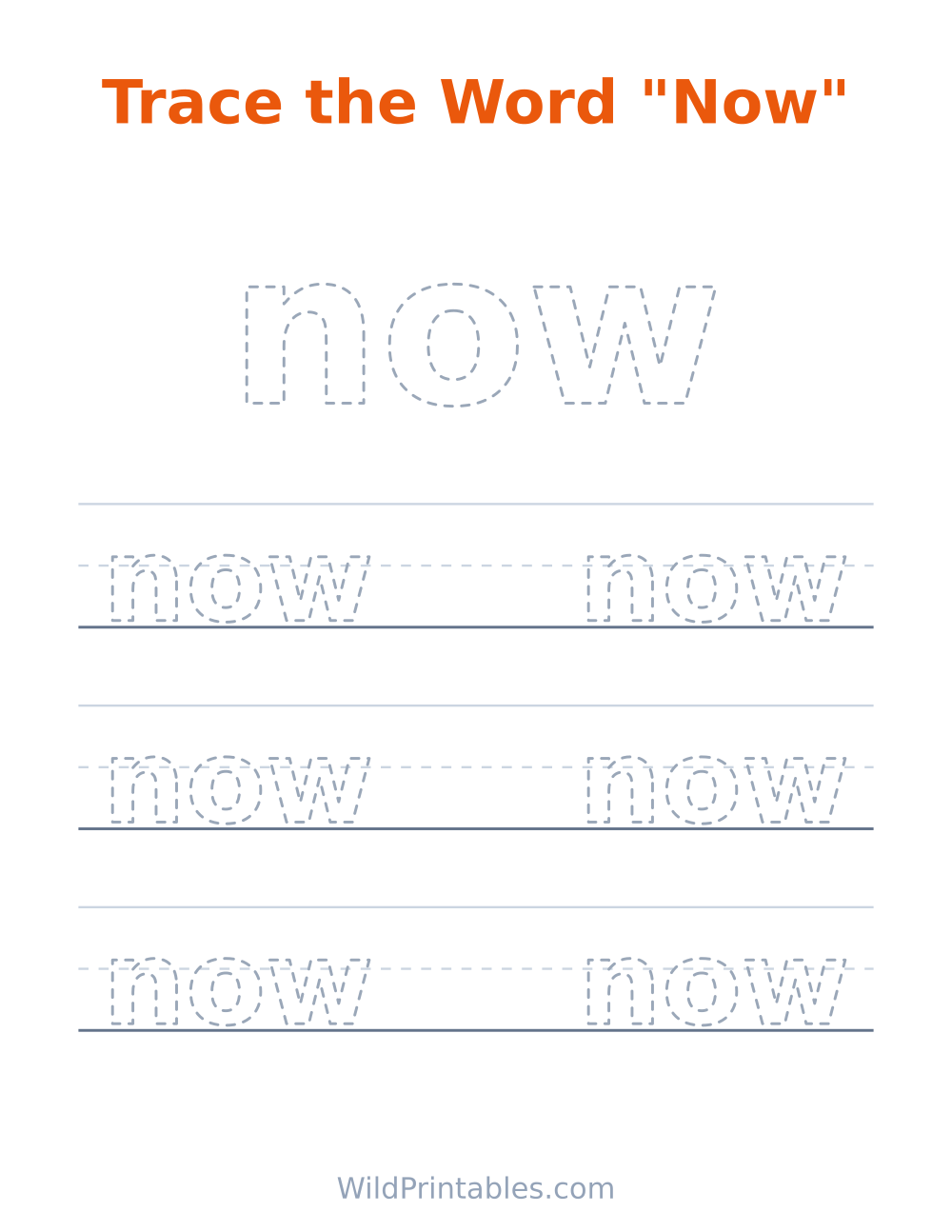 Trace the Word "Now" — free printable tracing for kids