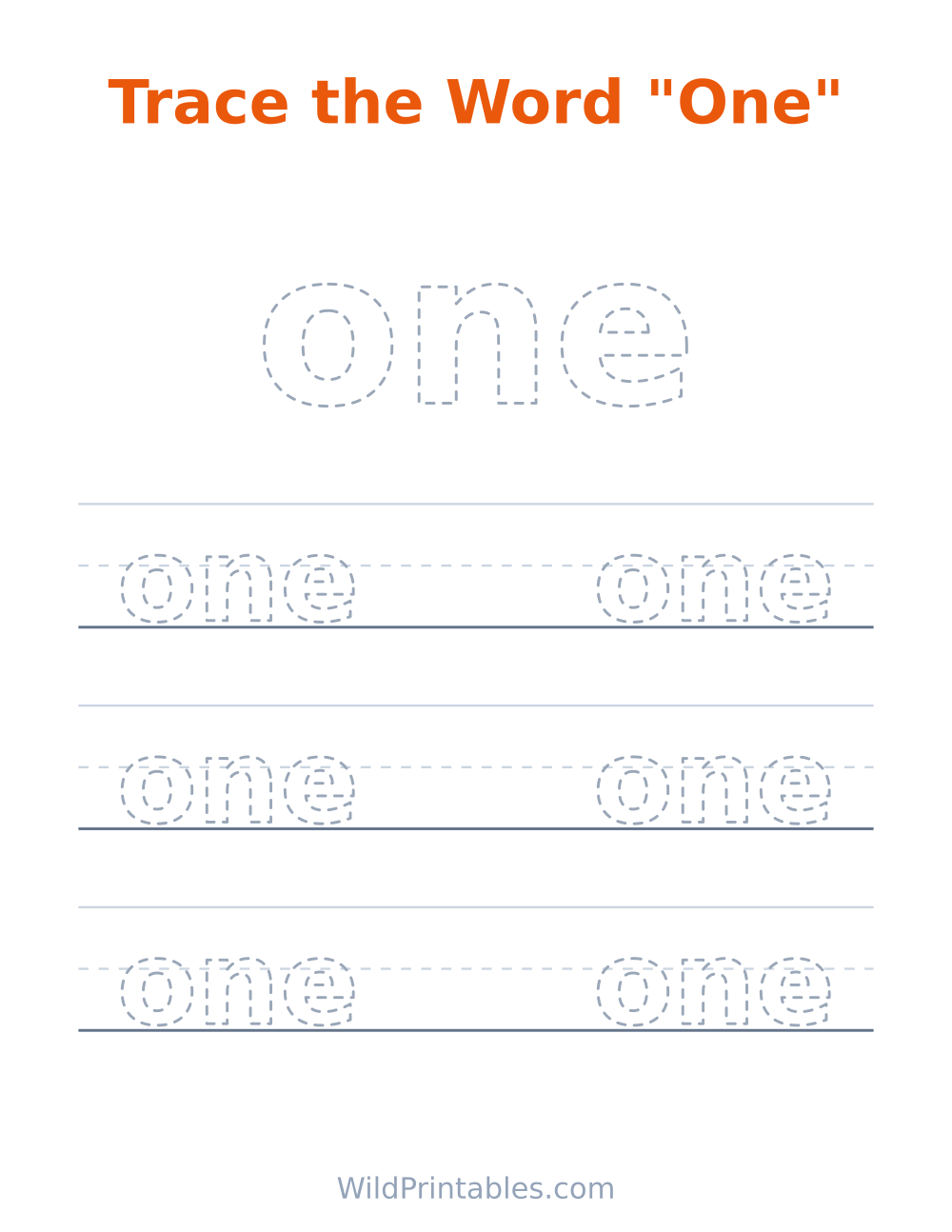 Trace the Word "One" — free printable tracing for kids to print and color at home