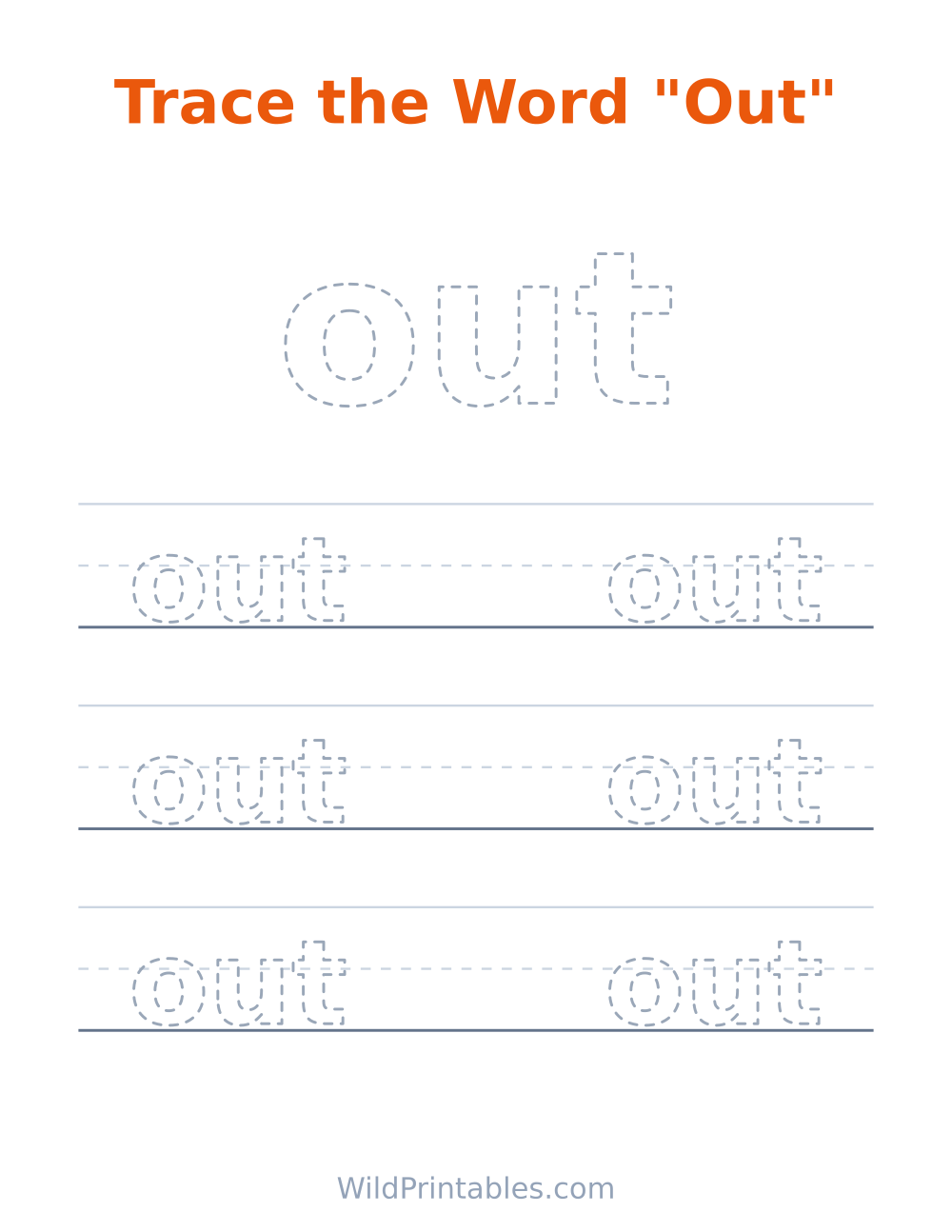 Trace the Word "Out" — free printable tracing for kids