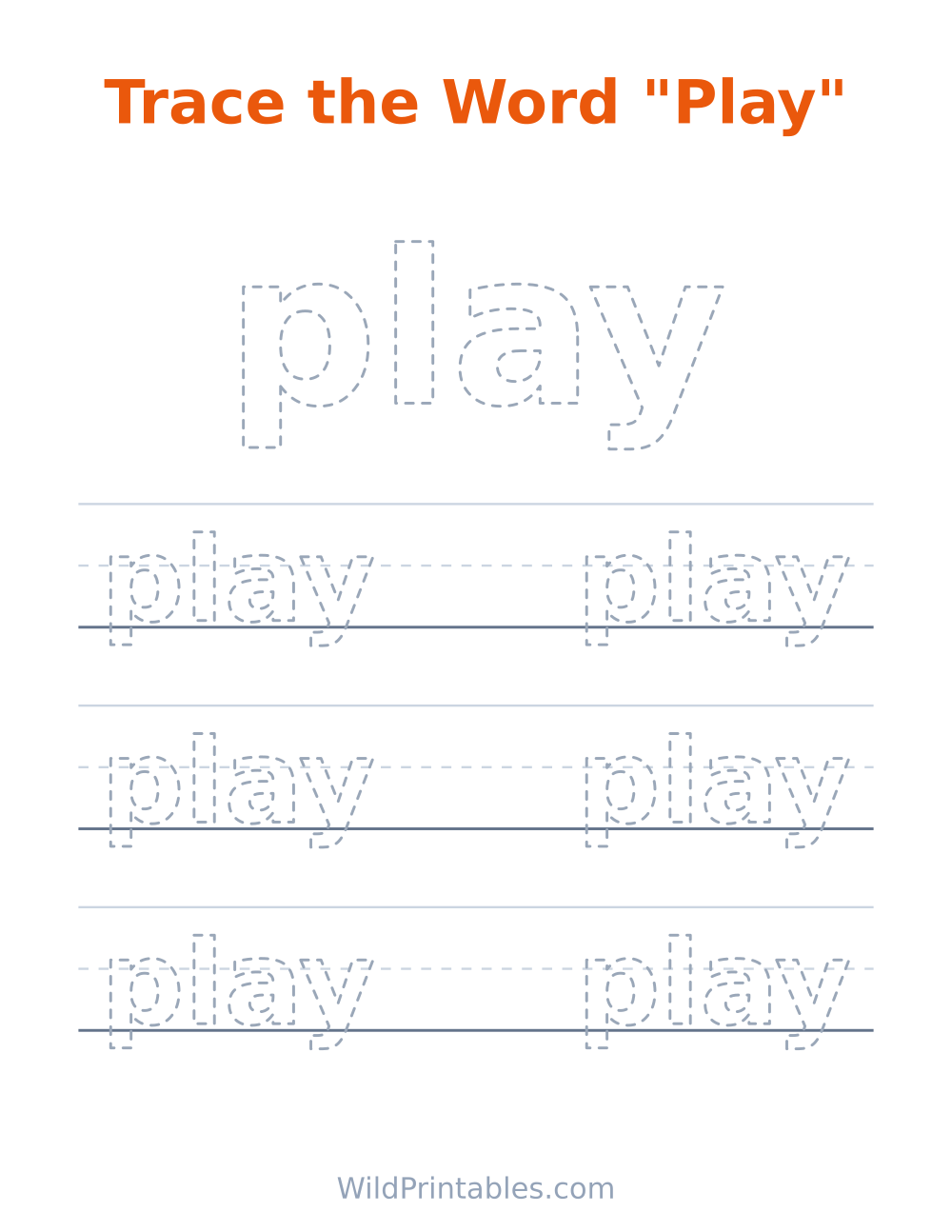 Trace the Word "Play" — free printable tracing for kids to print and color at home