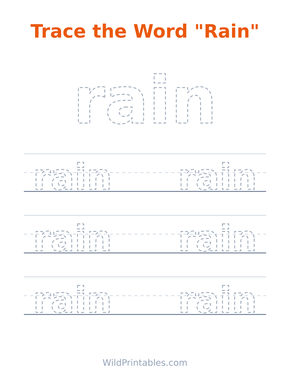 Trace the Word "Rain" — free printable tracing for kids to print and color at home