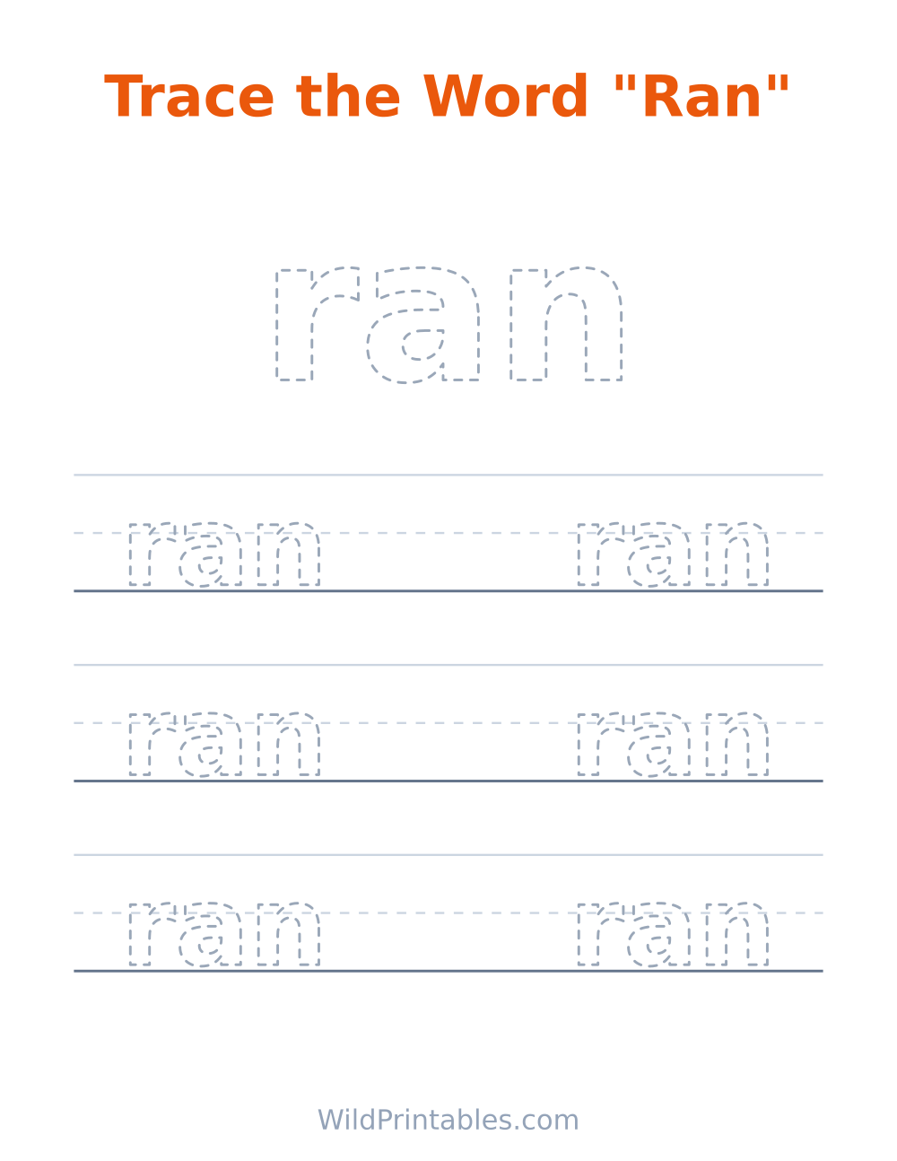 Trace the Word "Ran" — free printable tracing for kids