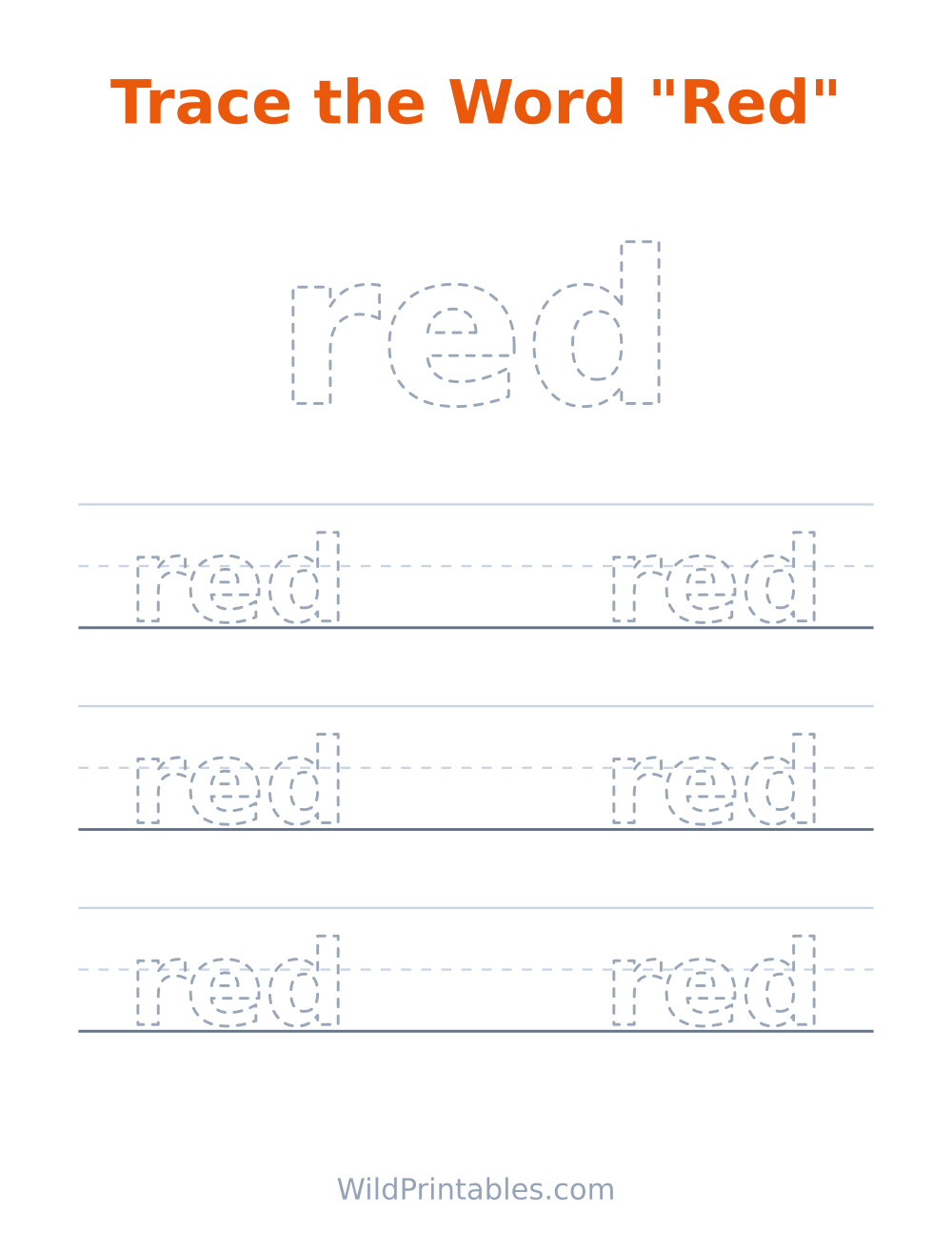 Trace the Word "Red" — free printable tracing for kids to print and color at home