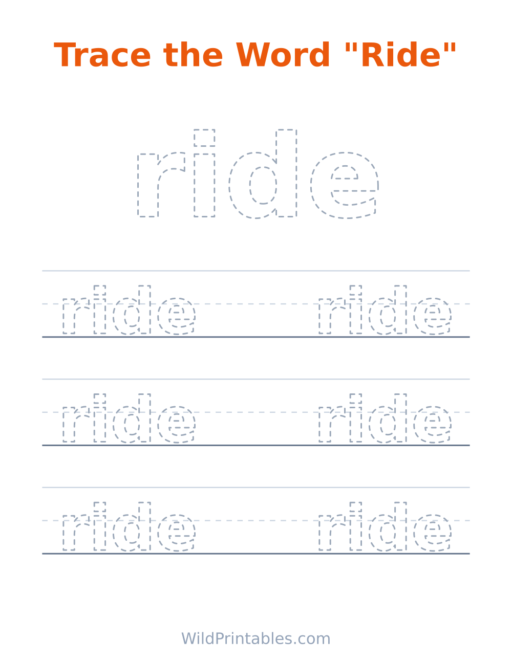 Trace the Word "Ride" — free printable tracing for kids