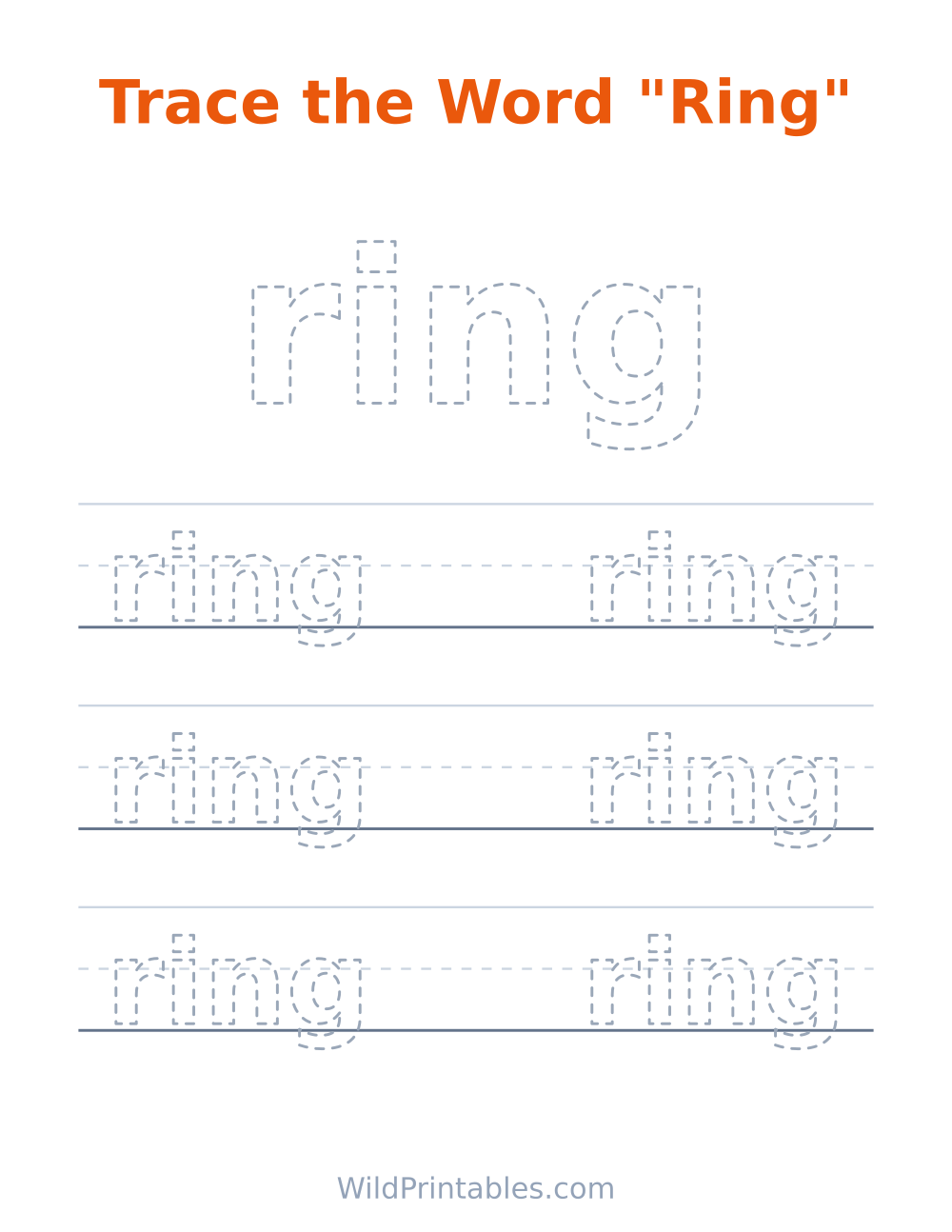 Trace the Word "Ring" — free printable tracing for kids