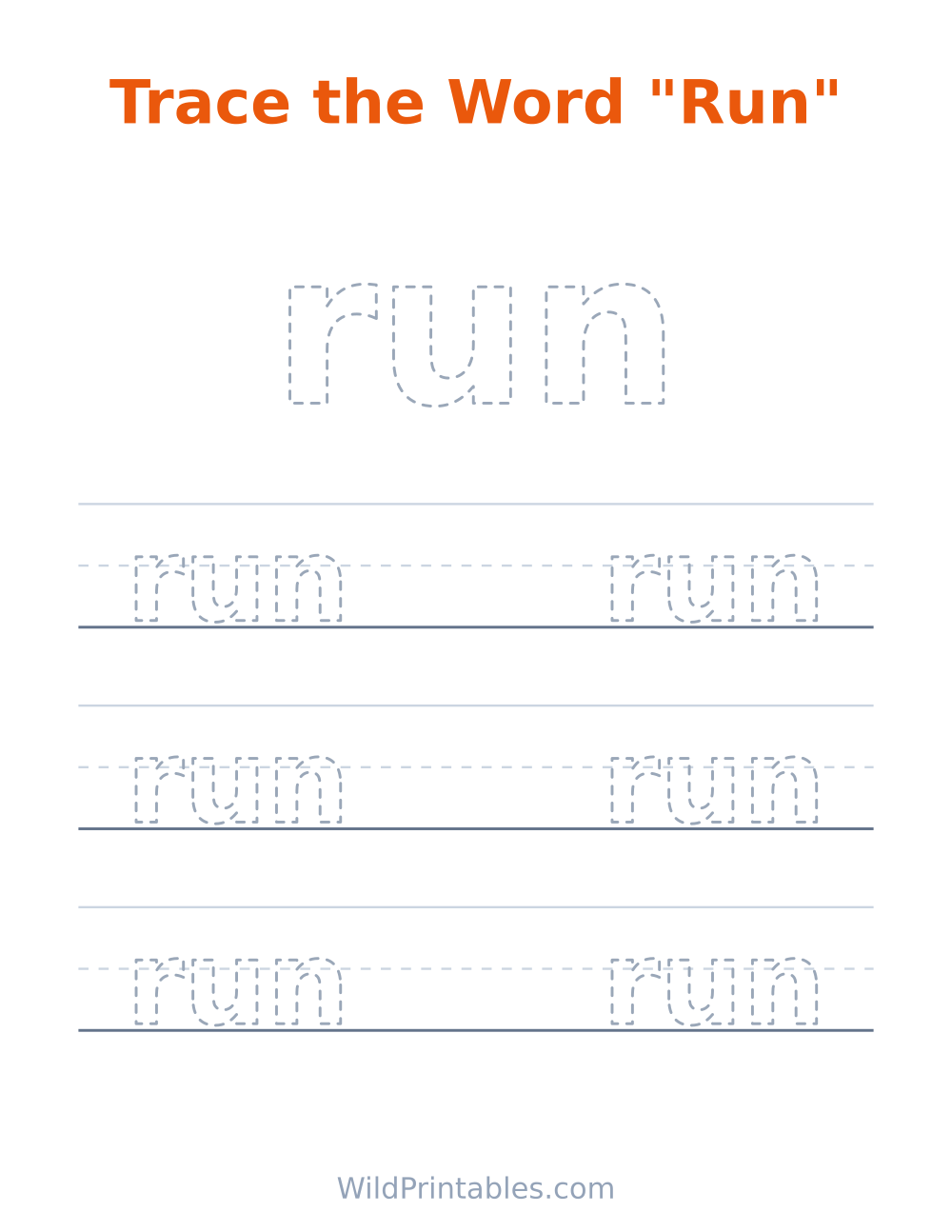Trace the Word "Run" — free printable tracing for kids