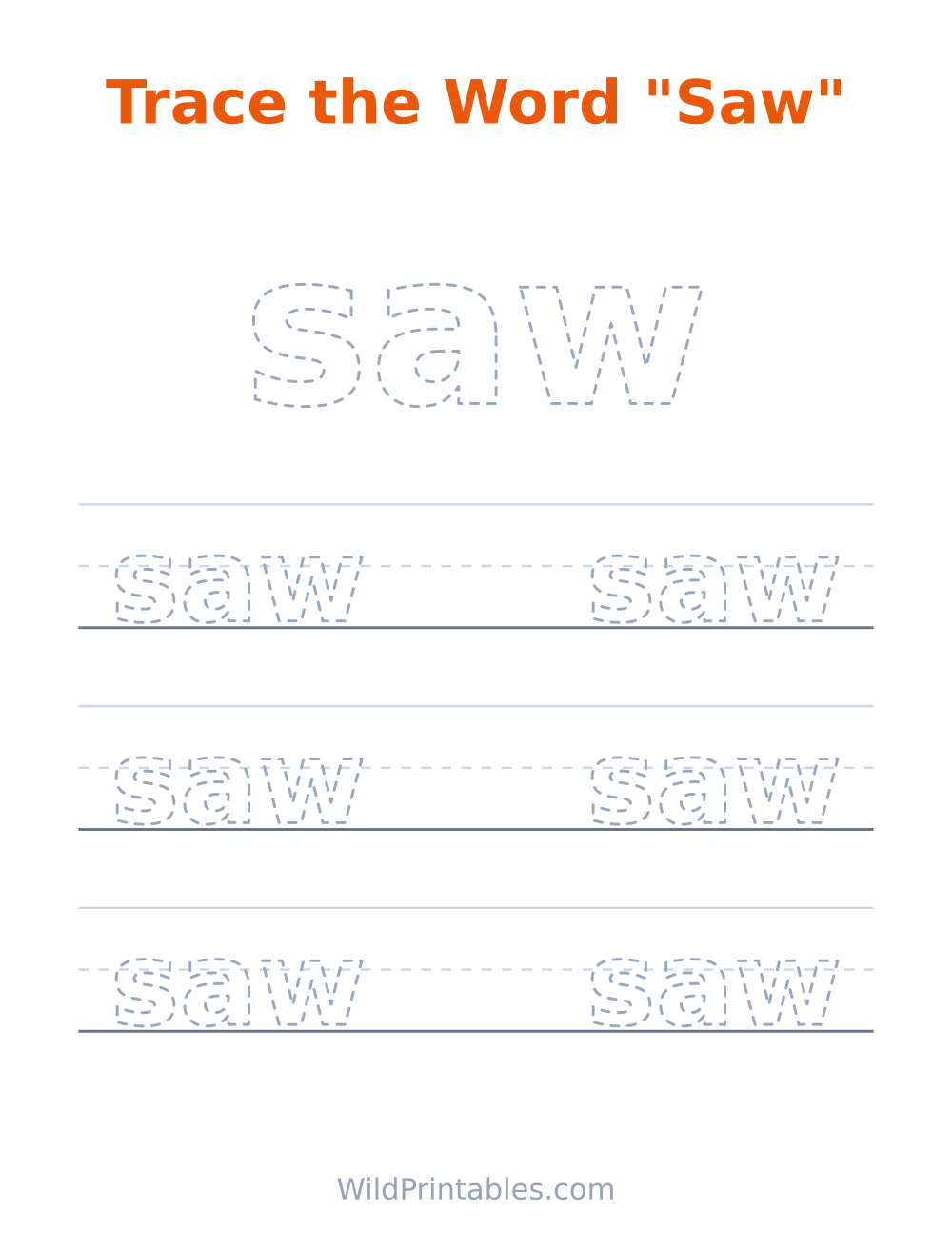 Trace the Word "Saw" — free printable tracing for kids