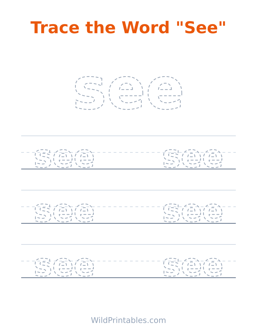 Trace the Word "See" — free printable tracing for kids to print and color at home