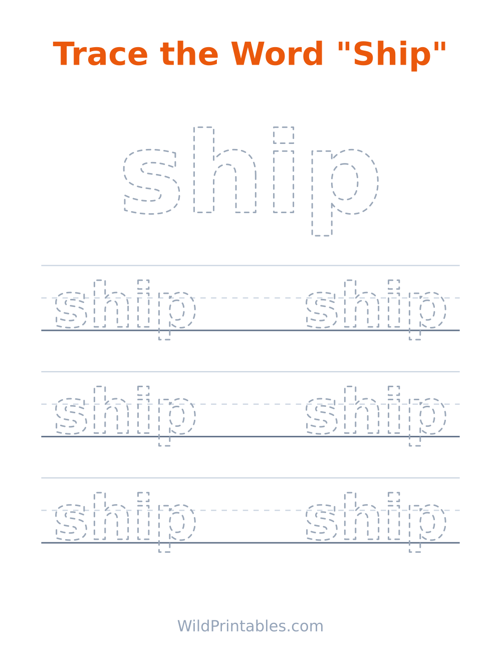Trace the Word "Ship" — free printable tracing for kids