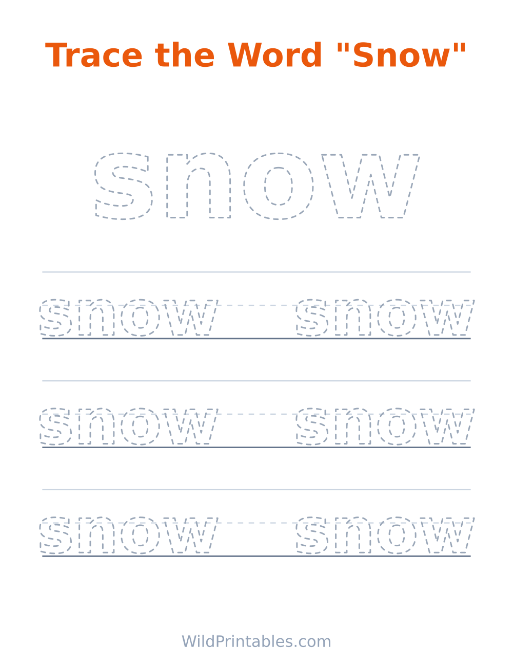 Trace the Word "Snow" — free printable tracing for kids to print and color at home