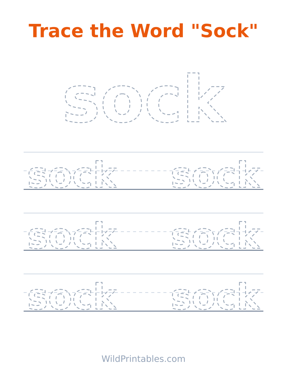 Trace the Word "Sock" — free printable tracing for kids