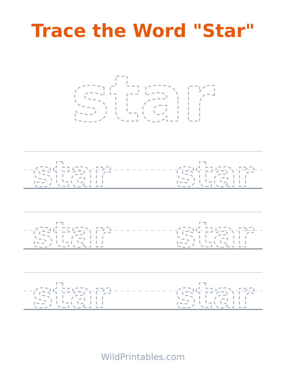 Trace the Word "Star" — free printable tracing for kids to print and color at home