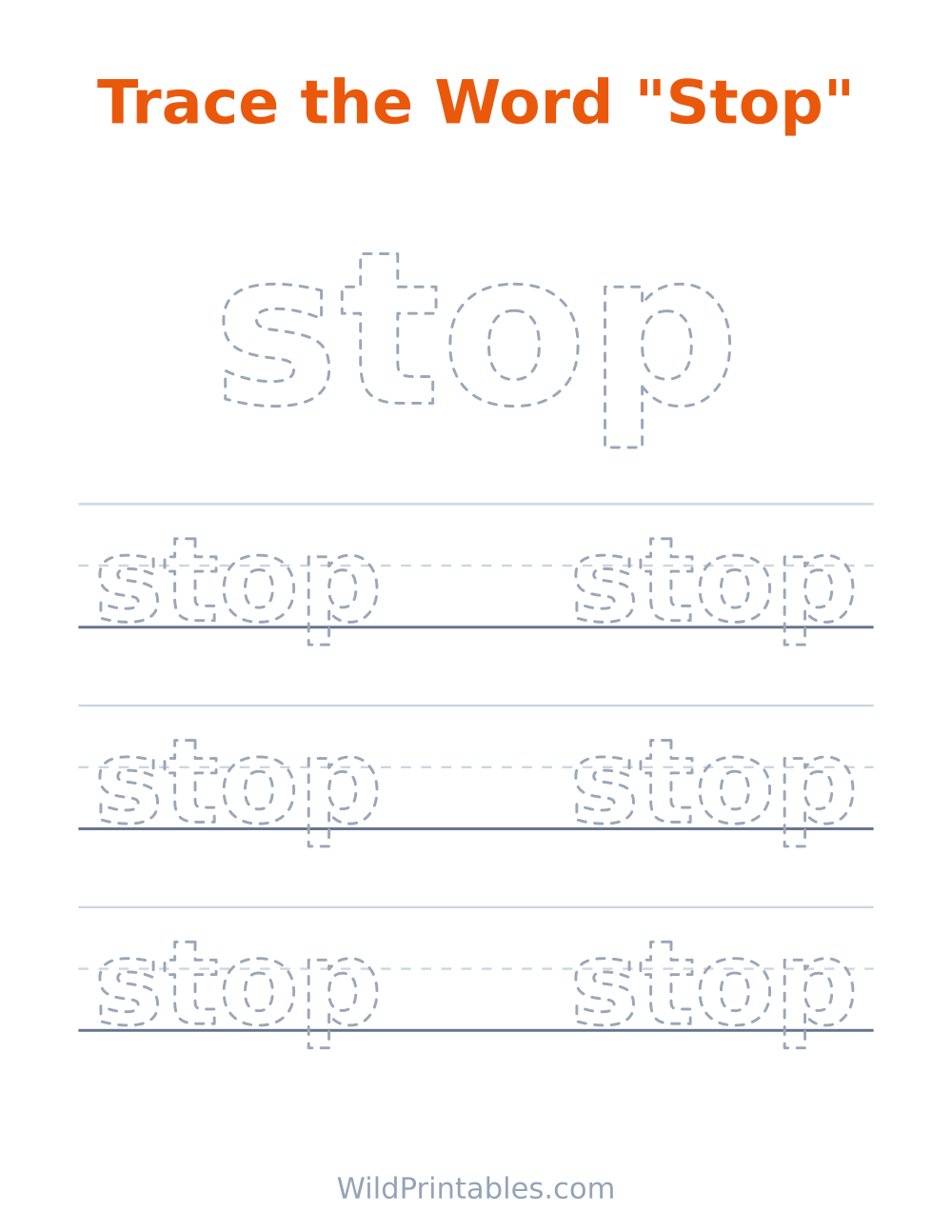 Trace the Word "Stop" — free printable tracing for kids