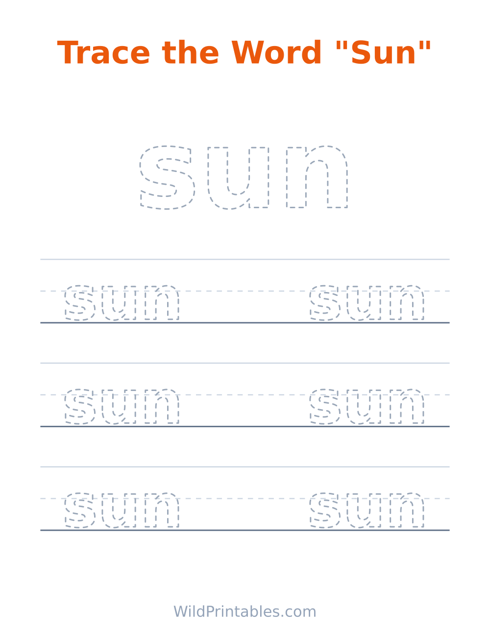 Trace the Word "Sun" — free printable tracing for kids