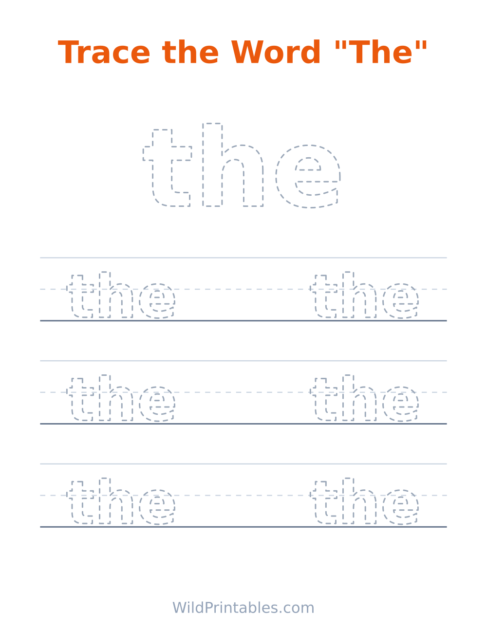 Trace the Word "The" — free printable tracing for kids to print and color at home