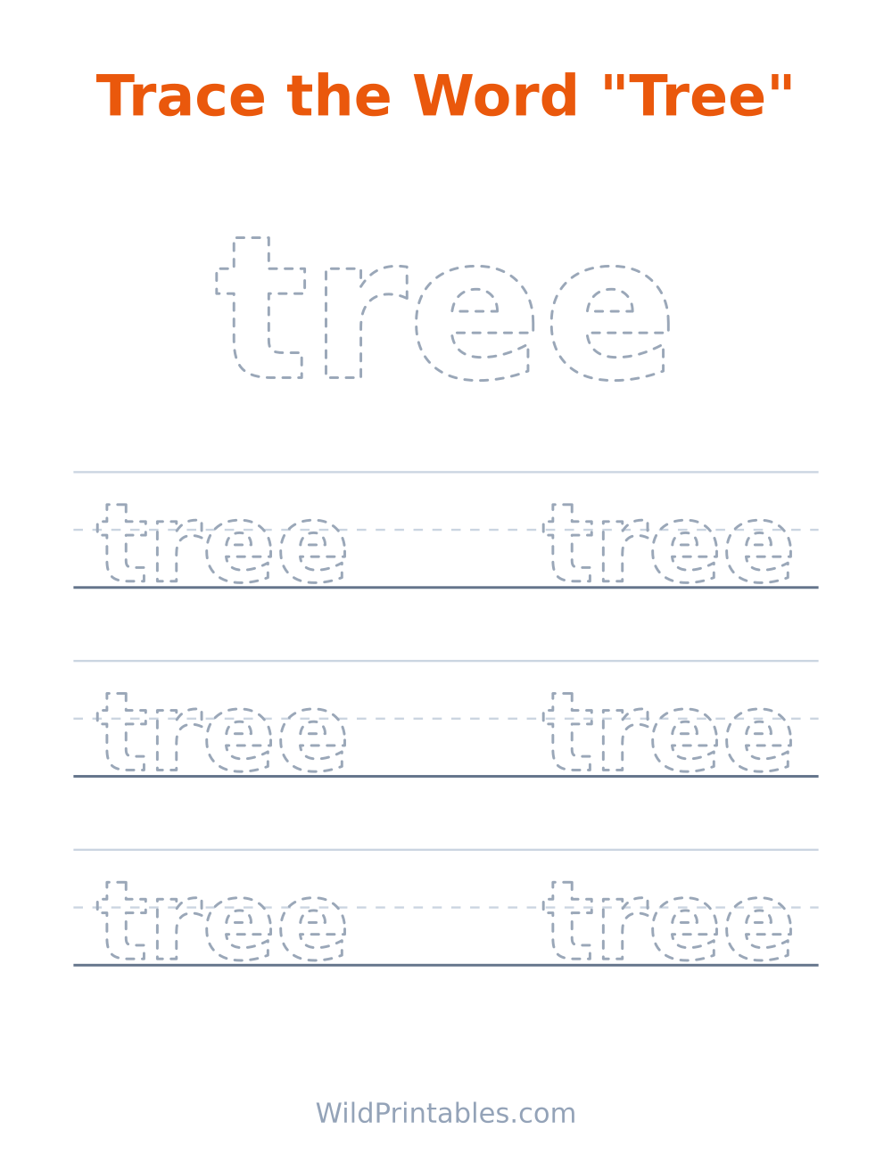 Trace the Word "Tree" — free printable tracing for kids to print and color at home