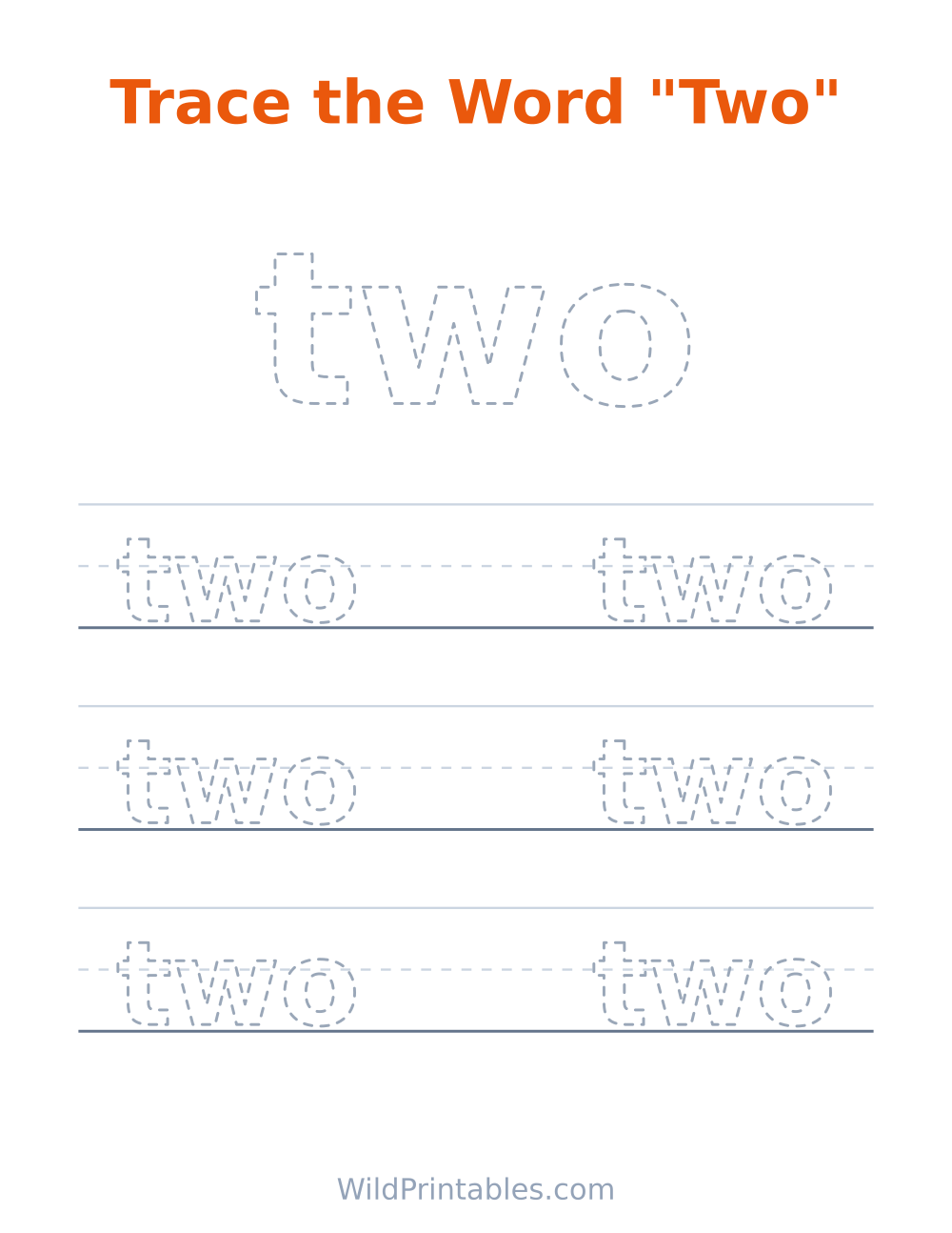 Trace the Word "Two" — free printable tracing for kids to print and color at home