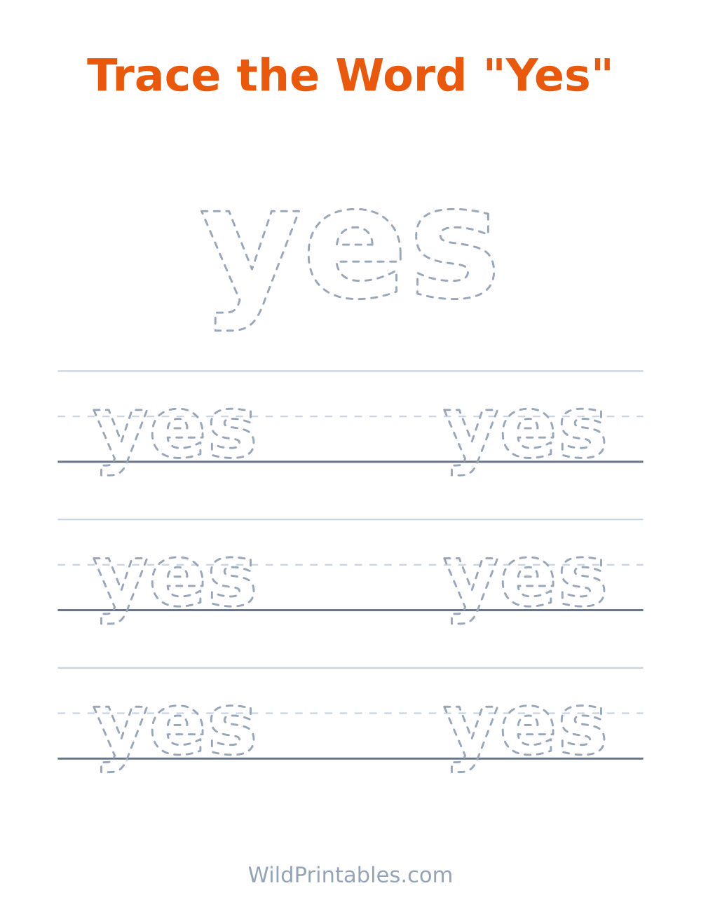 Trace the Word "Yes" — free printable tracing for kids