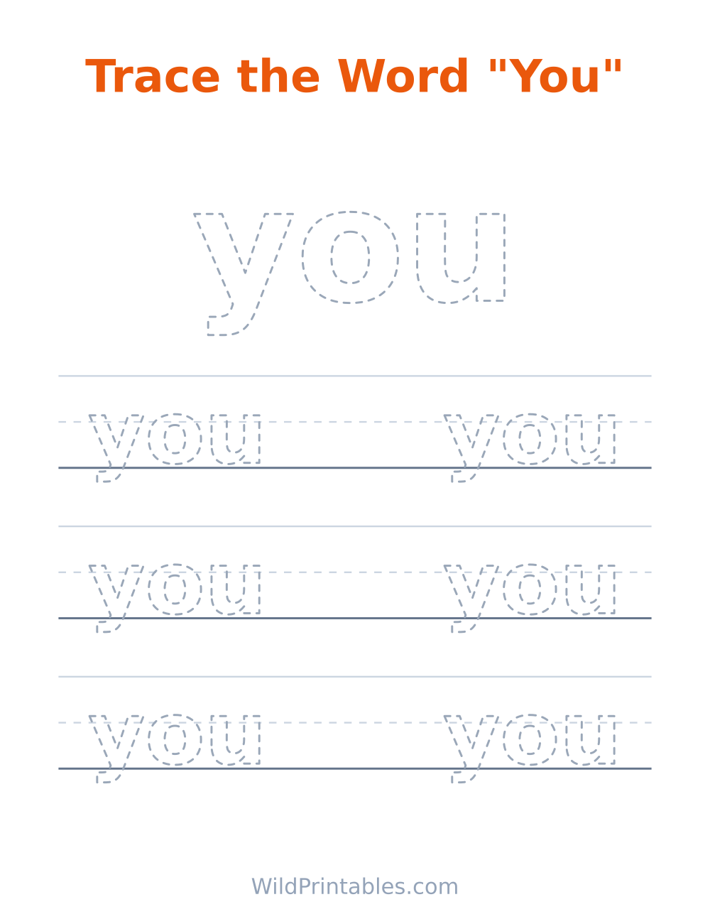 Trace the Word "You" — free printable tracing for kids to print and color at home