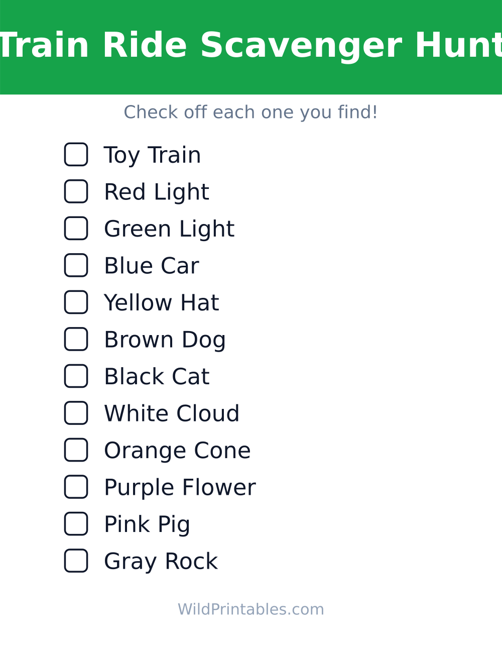 Train Ride Scavenger Hunt — free printable scavenger hunt for kids