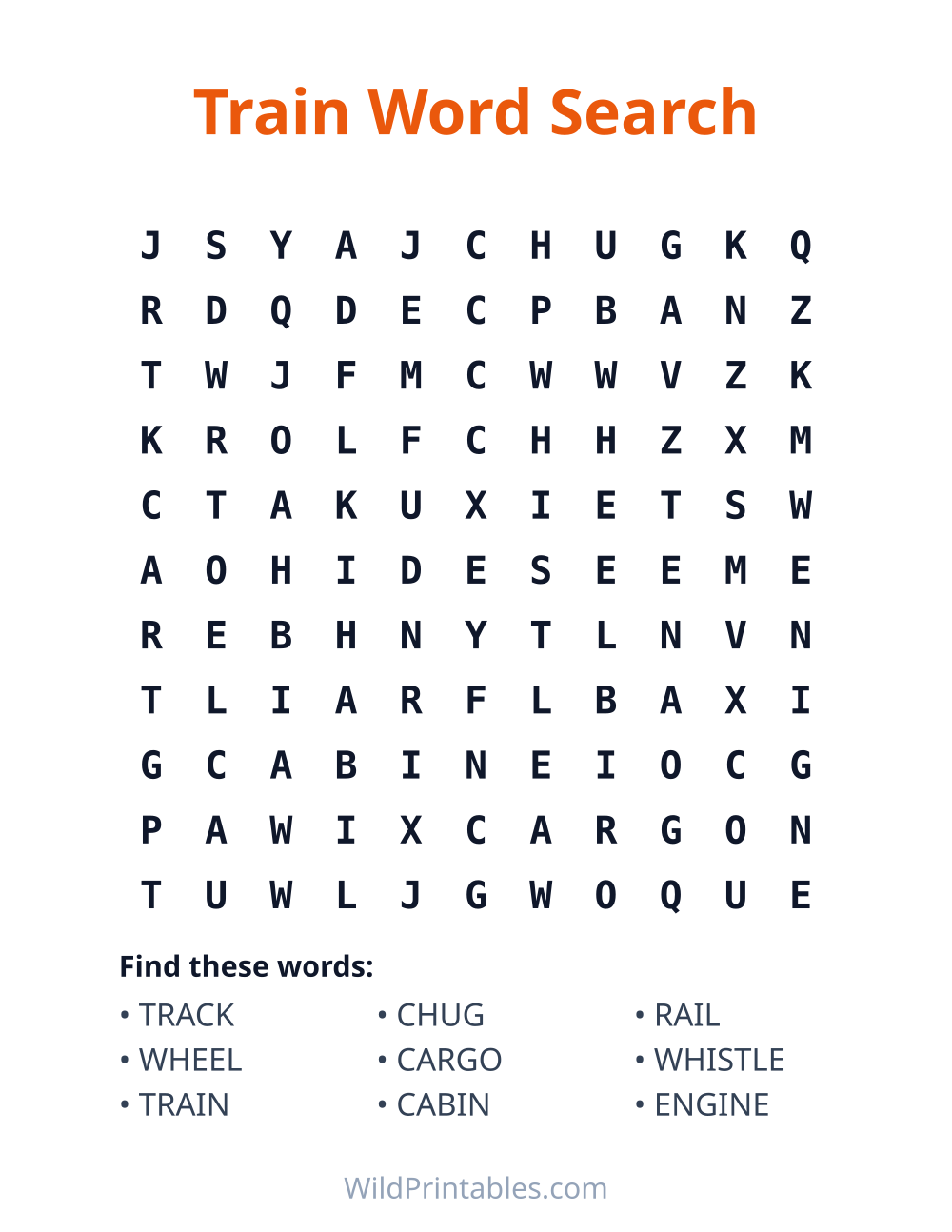 Train Word Search — free printable word search for kids to print and color at home