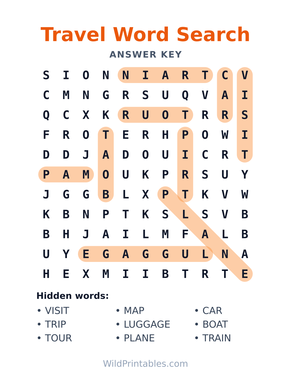Travel Word Search — answer key