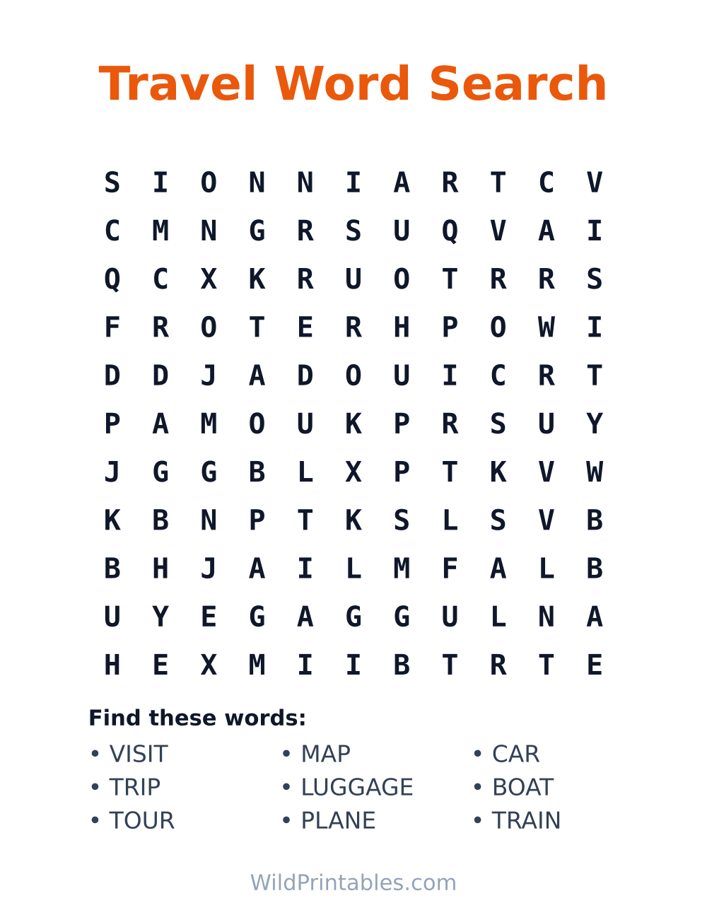 Travel Word Search — free printable word search for kids to print and color at home