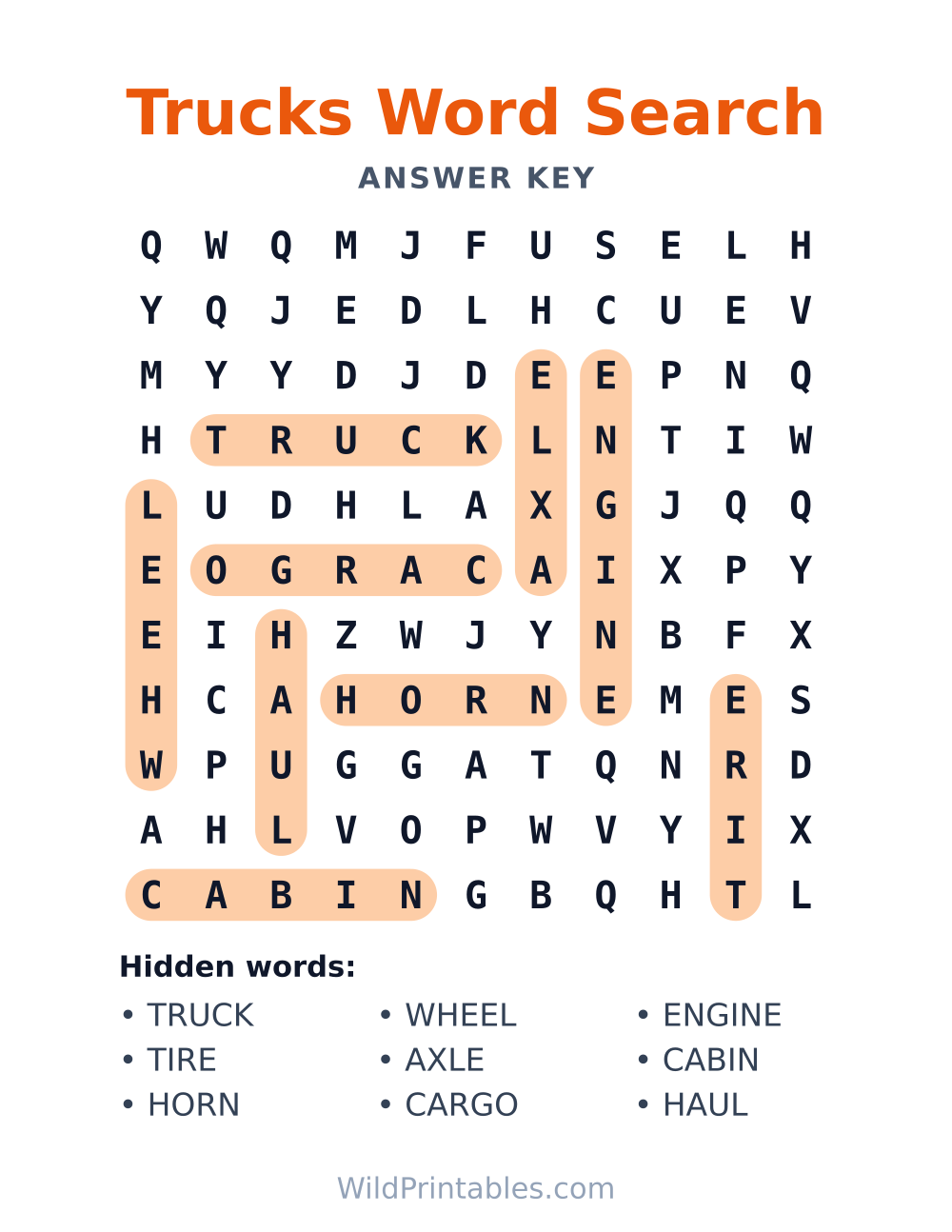 Trucks Word Search — answer key