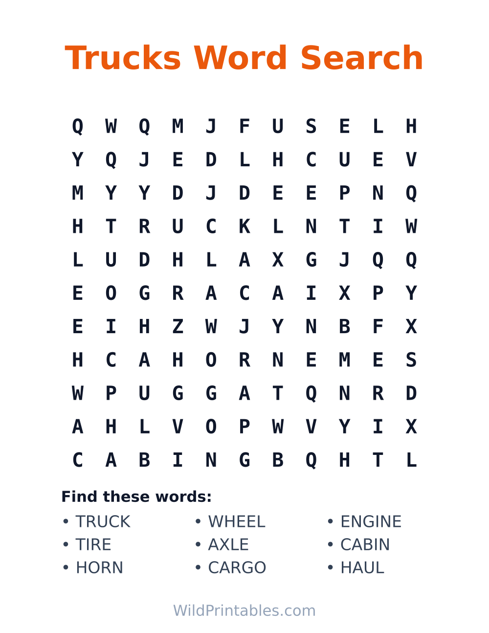 Trucks Word Search — free printable word search for kids